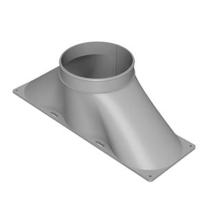 Peut inclure: Raccord de conduit métallique gris. Il possède une base rectangulaire et une ouverture cylindrique. Le raccord se rétrécit de la base à l'ouverture circulaire. La base comporte quatre trous et le côté trois fentes.