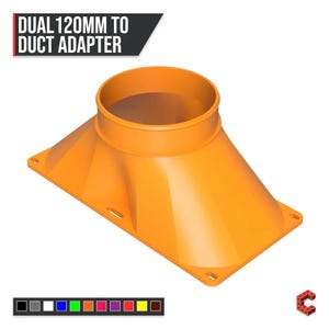 May include: An orange dual 120mm to duct adapter with a rectangular base featuring four corner mounting holes and a central circular opening. The text DUAL 120MM TO DUCT ADAPTER is displayed in the upper left corner, and a color palette is at the bottom.