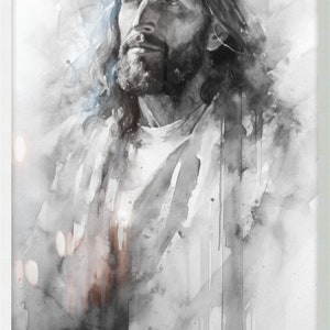 May include: A black and white watercolor painting of a man with long hair and a beard. The man is looking up and to the right. The background is a light gray with some white and gray brushstrokes.