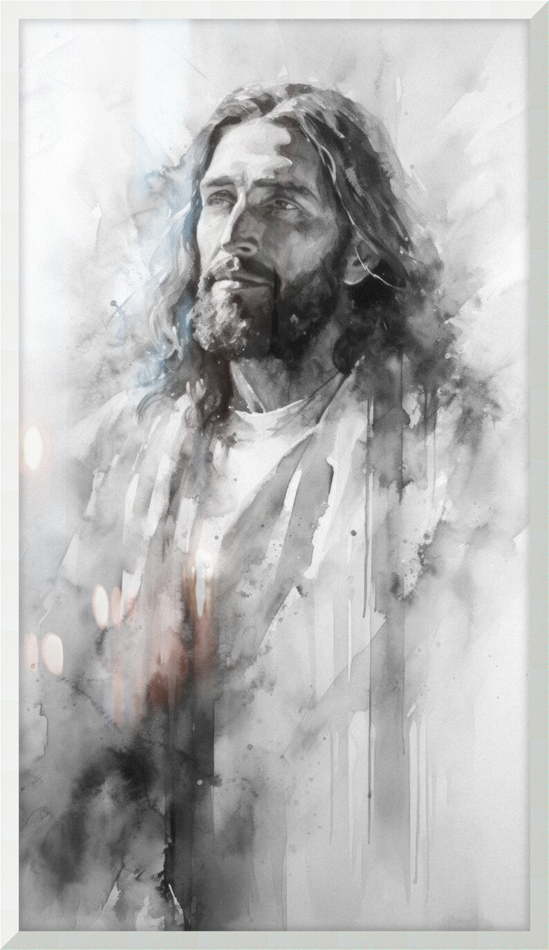 May include: A black and white watercolor painting of a man with long hair and a beard. The man is looking up and to the right. The background is a light gray with some white and gray brushstrokes.