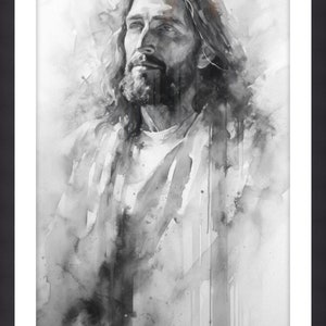 May include: A black and white watercolor painting of a man with long hair and a beard. The man is looking up and has a thoughtful expression on his face. The painting is done in a loose, expressive style, with splashes of color and texture.