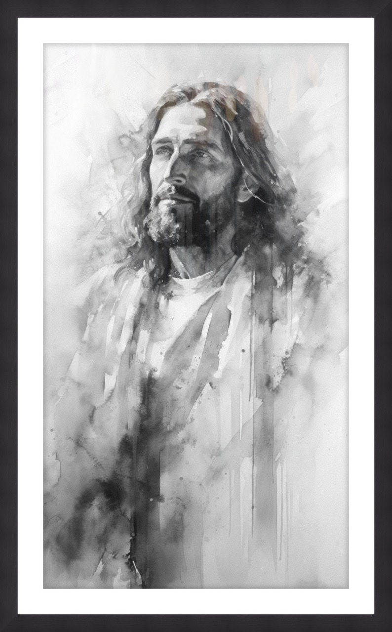 May include: A black and white watercolor painting of a man with long hair and a beard. The man is looking up and has a thoughtful expression on his face. The painting is done in a loose, expressive style, with splashes of color and texture.