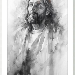 May include: A black and white watercolor painting of a man with long hair and a beard. The man is looking up and has a thoughtful expression on his face. The background is a soft gray with hints of white.