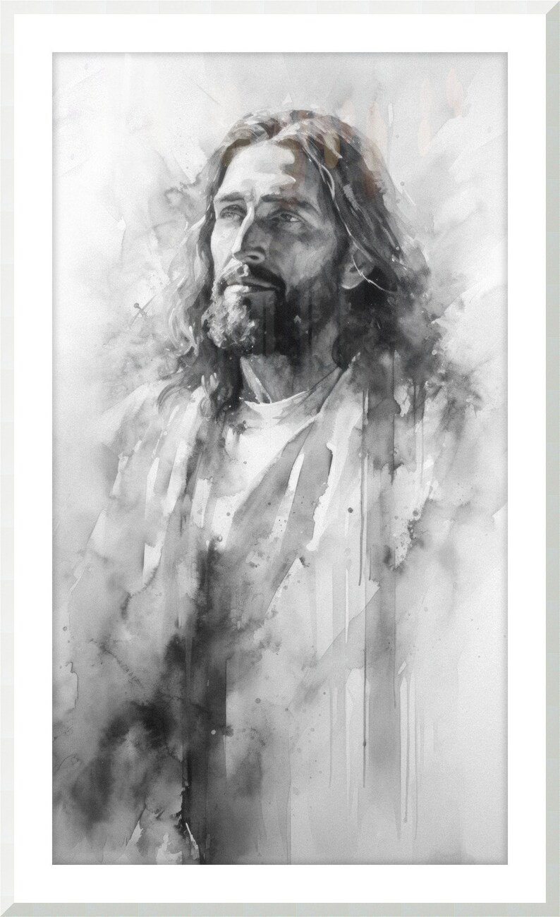 May include: A black and white watercolor painting of a man with long hair and a beard. The man is looking up and has a thoughtful expression on his face. The background is a soft gray with hints of white.