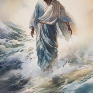 Op de afbeelding: Een aquarel schilderij van een man die over water loopt. De man draagt een witte robe en heeft lang bruin haar en een baard. Het water is lichtblauw en er zijn witte golven die om de man heen breken.