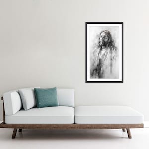 May include: A black and white watercolor painting of a man with long hair and a beard. The man is looking up and has a thoughtful expression on his face.