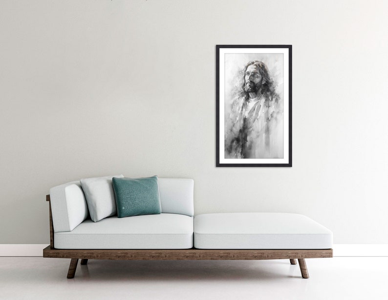 May include: A black and white watercolor painting of a man with long hair and a beard. The man is looking up and has a thoughtful expression on his face.