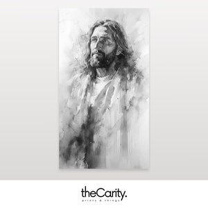 May include: Black and white watercolor painting of a man with long hair and a beard. The man is looking up and has a serene expression on his face.