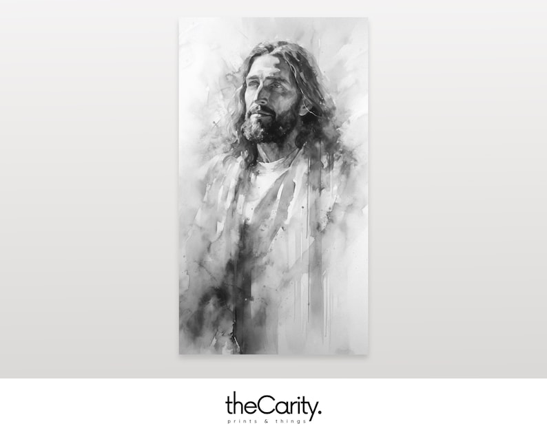 May include: Black and white watercolor painting of a man with long hair and a beard. The man is looking up and has a serene expression on his face.