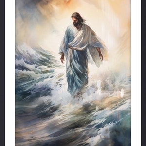 Op de afbeelding: Een aquarel schilderij van een man die over water loopt. De man draagt een lange, vloeiende robe en heeft een baard. Het water is diepblauw en de lucht is lichtblauw met wolken. Het schilderij is gemaakt in een realistische stijl.