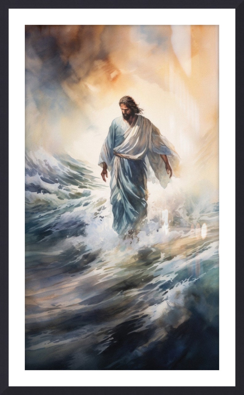 Op de afbeelding: Een aquarel schilderij van een man die over water loopt. De man draagt een lange, vloeiende robe en heeft een baard. Het water is diepblauw en de lucht is lichtblauw met wolken. Het schilderij is gemaakt in een realistische stijl.