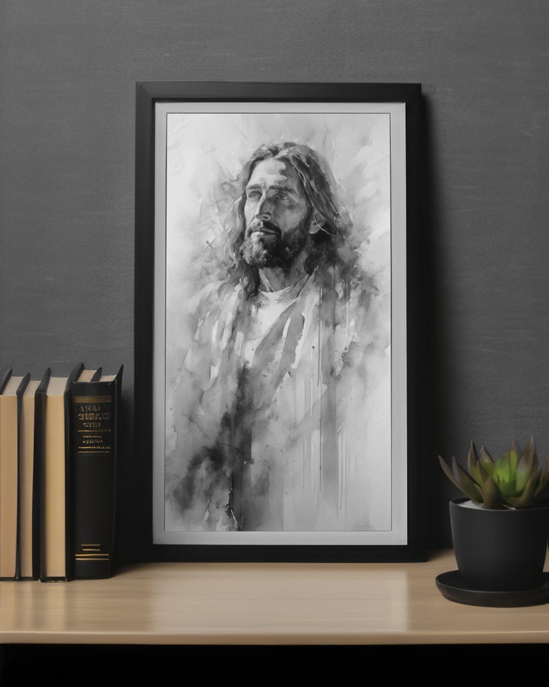 May include: A black and white watercolor painting of a man with long hair and a beard. The man is looking up and to the right. The painting is framed in a black frame.