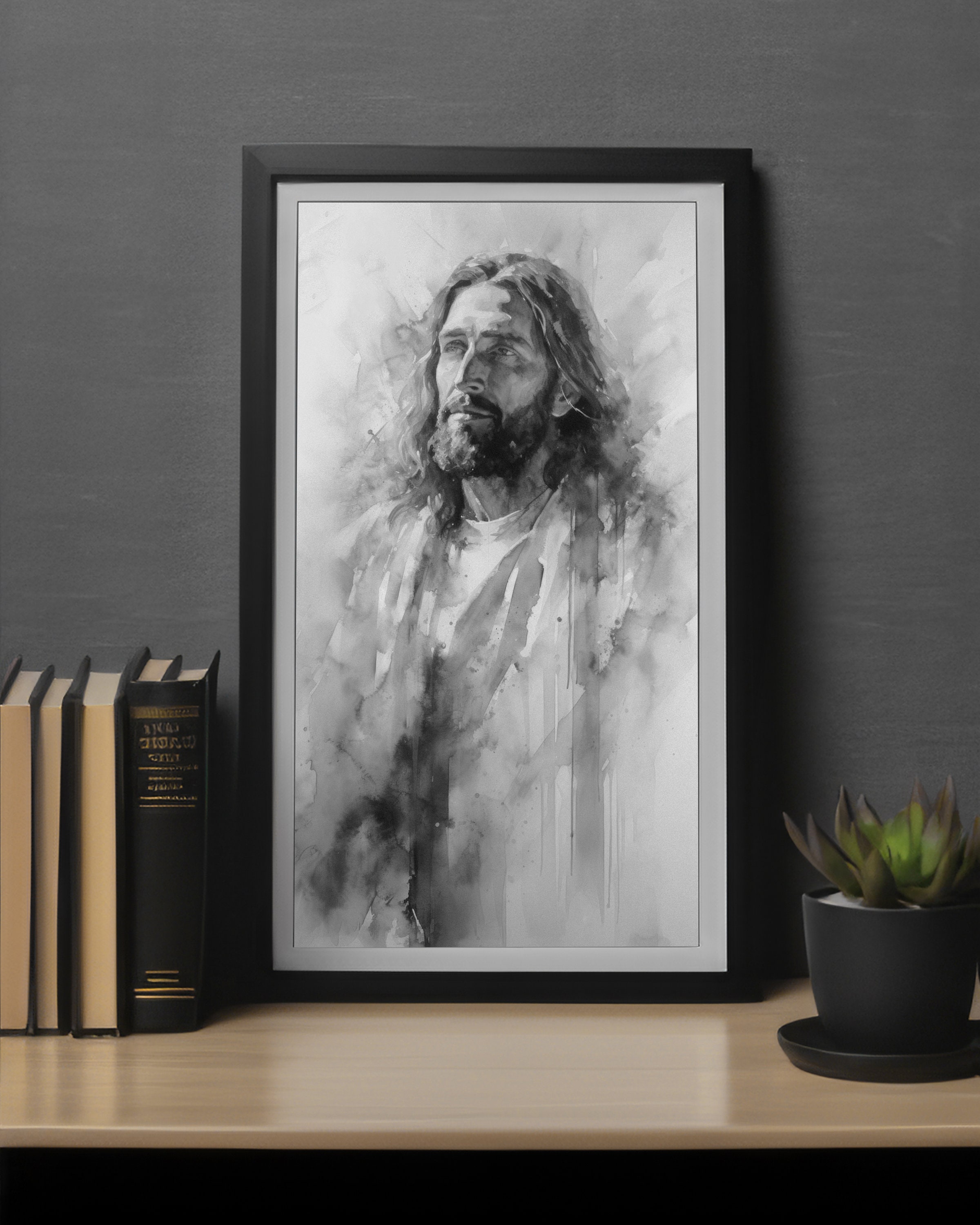 Black and White Portrait of Jesus Christ, Watercolor Photo, Modern ...