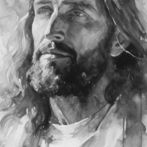 May include: A black and white watercolor painting of a man with long hair and a beard. The painting is in a minimalist style and the man's face is the main focus of the image. The time is 1:20 and the phone is 6% charged.