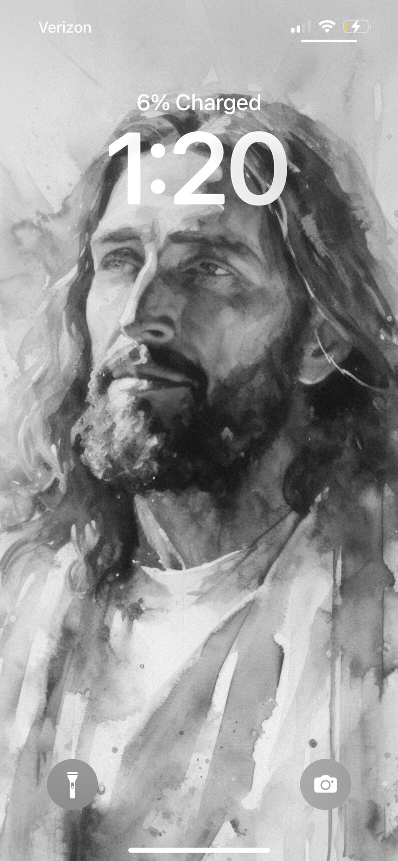 May include: A black and white watercolor painting of a man with long hair and a beard. The painting is in a minimalist style and the man's face is the main focus of the image. The time is 1:20 and the phone is 6% charged.