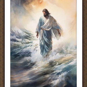 Op de afbeelding: Een aquarel schilderij van een man die over water loopt. De man draagt een witte robe en heeft lang bruin haar en een baard. Het water is diepblauw en er zijn witte golven die om hem heen breken. De achtergrond is een lichtblauwe lucht met witte wolken.