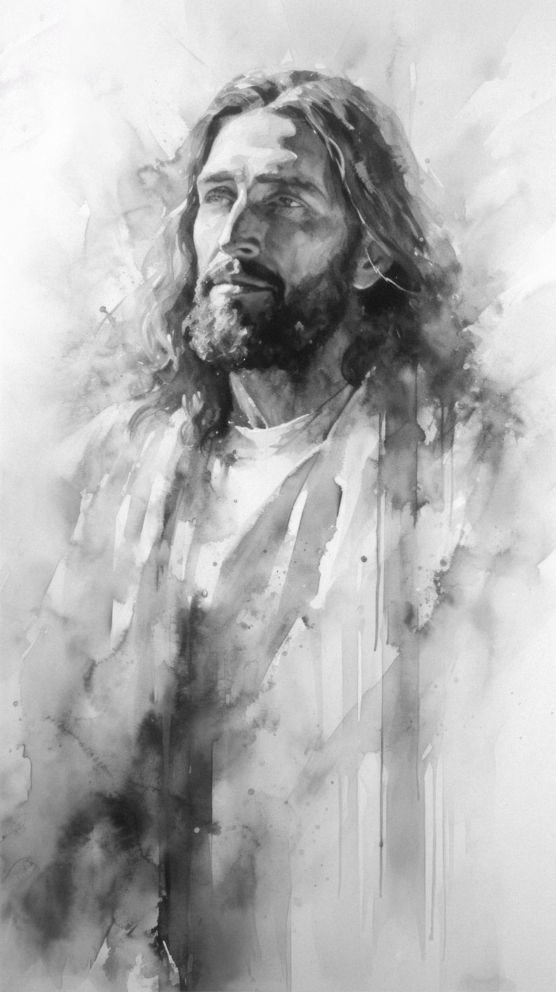 black and white portrait of Jesus Christ, gentle eyes, bringing hope, faith, love and compassion