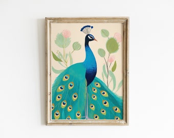Peacock Art Print - Bright Painting Illustration - Nursery Home Decor - Printable Digital Wall Art