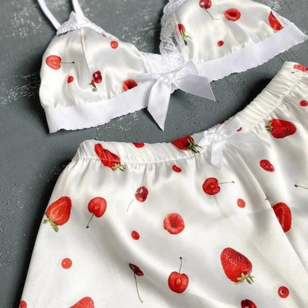 Red Strawberry Satin Pajamas,Cute Embroidery Strawberry Cotton Pajama Set, Embroidery Floral Pajama, Women Nightgown, Comfy Sleepwear,Gift