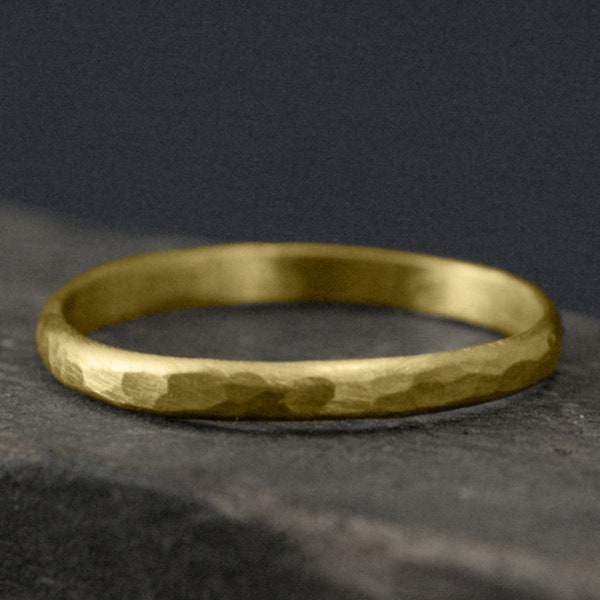 2mm Solid Gold Matte Hammered Ring, Hammered Band Half Round Ring Gold Wedding Band Gold Wedding Ring Hammered Minimalist Dainty Gold Ring