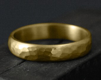 4mm 9K Solid Gold Hammered Half Round Matte Ring, Hammered Band, Gold Wedding Band, Rustic Gold Wedding Ring, Hammered Ring, Handcrafted