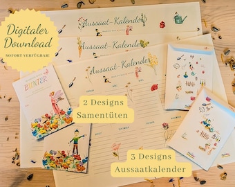 Craft template seed bags and sowing calendar for flowers, vegetables and herbs