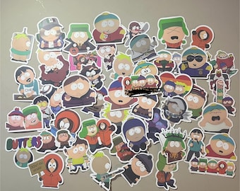 May include: A collection of colorful cartoon stickers featuring characters from the animated television series South Park. The stickers feature various characters from the show, including Eric Cartman, Stan Marsh, Kyle Broflovski, and Kenny McCormick. The stickers are printed on high-quality vinyl and are perfect for decorating laptops, water bottles, notebooks, and more.