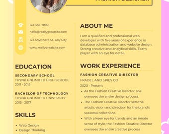 May include: A yellow and white resume template with a photo of a woman. The resume includes contact information, education, skills, work experience, and hobbies. The text on the resume reads "Claudia Alves, Fashion Designer".