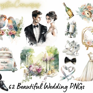 62 Hochzeit Aquarell PNG Clipart, Braut Clip Art, Liebeskunst, Hochzeitsbilder, Hochzeitselemente, Hochzeitstorte, Gerade verheiratet Auto, printable