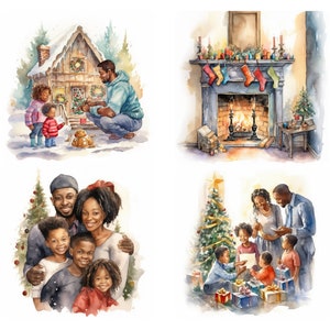 Art de Noël noir, père Noël noir, famille noire sur l'art de Noël, beau paysage de Noël, enfants avec des cadeaux usage commercial utilisation instantanée