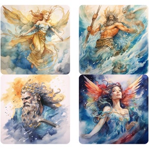 Ensemble d'art aquarelle Dieu grec représentant Hadès, Héra, Hermès, Poséidon et Zeus, 4 belles images uniques de chaque téléchargement immédiat à usage commercial