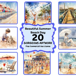 Bundle de vacances à la plage aquarelle 20 PNG, été, repos, vacances, volley-ball, maison de plage, famille et amis téléchargement immédiat usage commercial