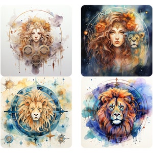 Leeuw aquarel godin PNG clipart bundel, afdrukbare sterrenbeeld astrologie, prinses Leeuw zon bloem kunst digitale download png commercieel gebruik