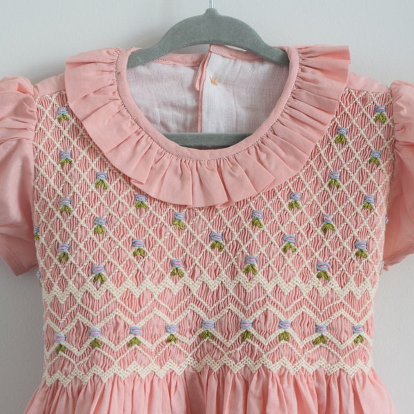 Floral Smocked dress,Hand Smocked Dress 100% cotton｜hand made embroidered dress,Toddler Baby Dress for Gift,Heirloom smock dress,Powder Pink