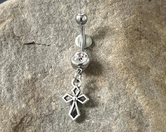 16g 14g Belly Button Ring Goth Medieval Cross Silver Tiny Hoop Clicker Goth Punk Dangle Dangly navel piercing jewelry unique alt Christian