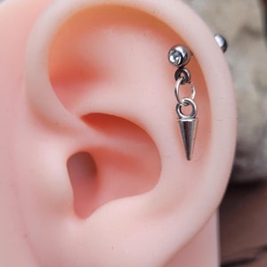 18g Silver Gem Goth Tiny Spike Cone Dangle Charm Earring Stud Helix Rook Conch Lobe Flat Tragus cartilage piercing jewelry ear punk alt gift
