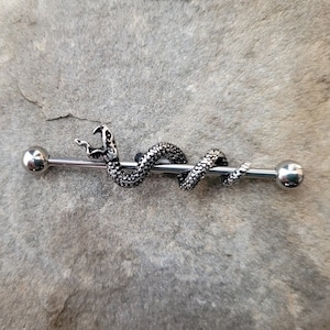 Silver Snake Industrial Barbell piercing alt dangle charm bar jewelry unique  14g 38mm silver charm man woman gift dragon grunge punk witch