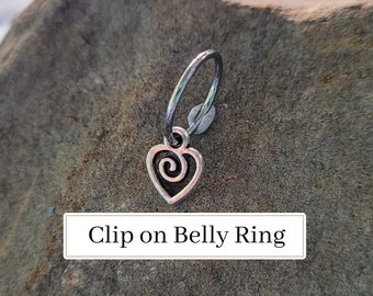 Anillo de ombligo falso con forma de corazón gótico, aro pequeño de plata con clip, joyería para ombligo, pendiente, anillo para la nariz, sin perforación, para hombre, estilo alternativo, sol y luna