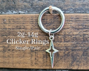 2g 4g 6g 8g 10g 12g 14g Goth Star Hinged Clicker Ring Hoop punk Gauges Earrings piercing ear alt silver plug charm septum steel hanger men