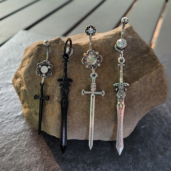 Schwert Messer Bauchring Goth Grunge Gothic Alt silber schwarz Baumeln Knopf Körperschmuck Punk Nabel Geschenk 14g großer Totenkopf Viktorianisch Pastell Mall