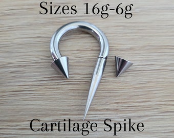 Cartilage Earring Long Spike Cone Stretched Hoop Horseshoe Silver Steel flat conch helix tragus daith 6g 8g 10g 12g 14g 16g piercing gauges