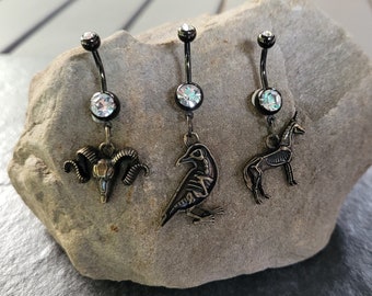 Bronze Black Bird Unicorn Ram Skeleton Belly Ring Spooky Gothic Alt charm button body jewelry punk navel 14g viking crow Halloween raven