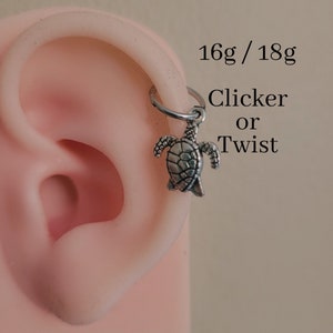 18g 16g Silver Sea Turtle Clicker Ring Hoop Dangle Charm Helix Rook Daith Tragus Earring cartilage piercing ear 8mm 10mm beach boho ocean
