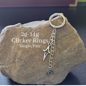 Clicker Ring Hoop Punk Gauges Chain Dangle Earring Charm Star Moon Goth 2g 4g 6g 8g 10g 12g 14g 16g Helix Jewelry Plugs alt silver cartilage