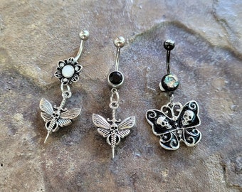 Death Moth Belly Ring Goth Grunge Gothic Alt silver black dangle button body jewelry punk navel gift 14g unique skull Victorian pastel mall