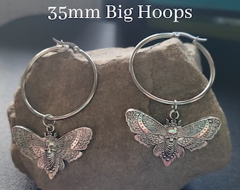 Pair Death Moth Big Hoop Earrings Silver Witchy Alt Grunge Punk jewelry dangle steel goth pierced ear huge large Charm luna skull alt punk