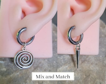 Pair or Single Swirl Spiral Spike Cone Mismatched Silver Earrings Alt goth huggie hoop jewelry dangle steel pierced ears men grunge punk 18g