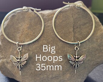 Pair Death Moth Big Hoop Earrings Silver Witchy Alt Grunge Punk jewelry steel goth pierced ear huge large Charm luna skull alt gift for teen