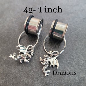 Hoops for Gauges Tunnels Dragon Dangle Earrings 4g 2g 0g 00g 7/16 1/2 9/16 5/8 3/4 7/8 1 inch silver goth punk hanger fantasy charms cute