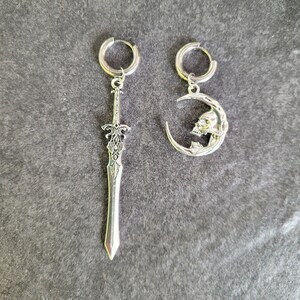 Pair or Single Sword Skull Moon Mismatched Silver Earrings Alt goth Medieval huggie hoop jewelry dangle steel pierced men grunge punk 18g